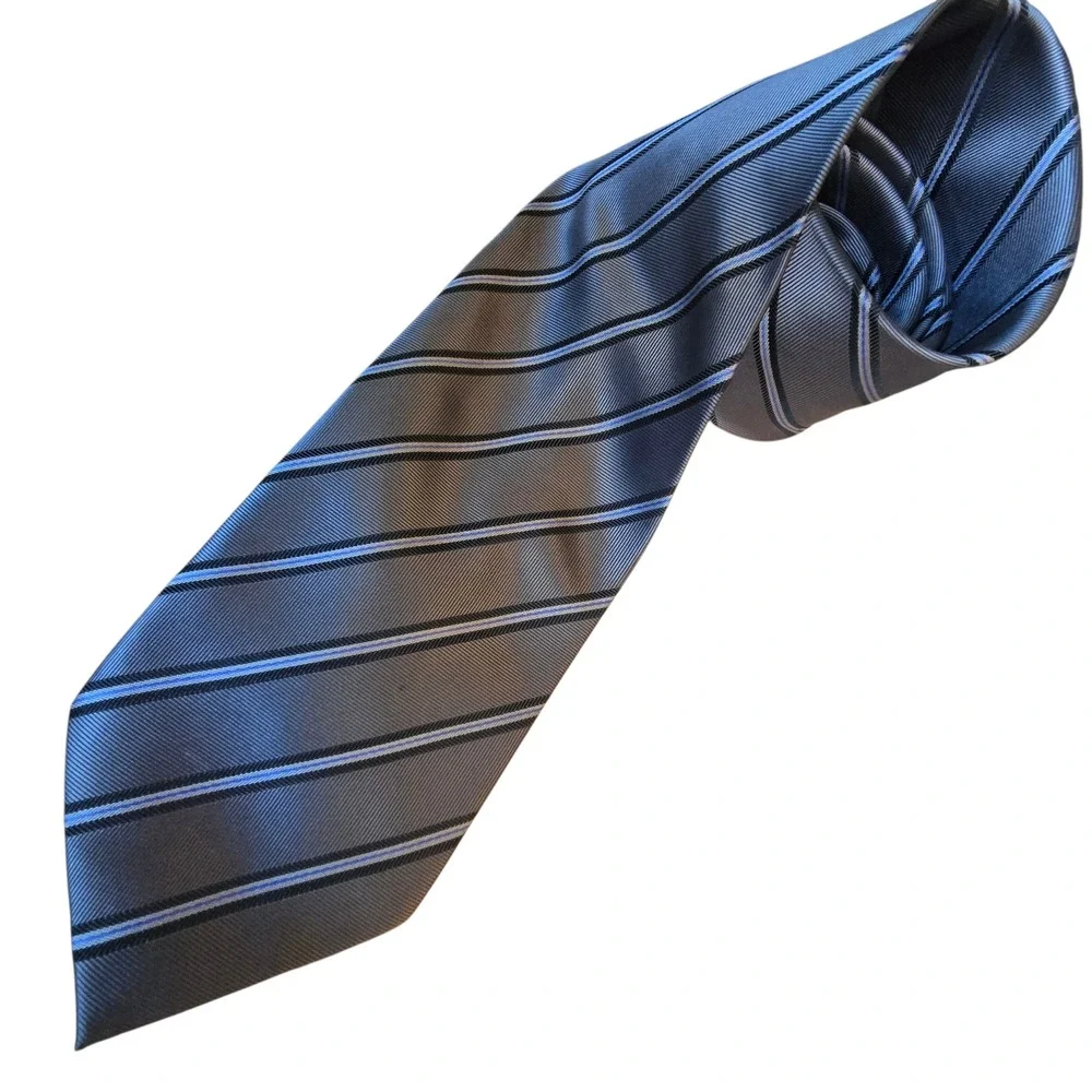 Ermenegildo Zegna Mens Silk Tie Grey Blue Black Diagonal Stripe Made in Italy
